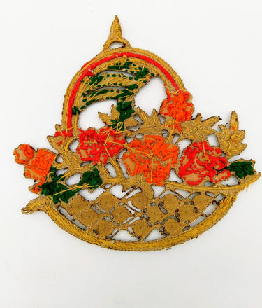 Hand Embroidered Zardozi Flower Basket Applique in Orange and Antique Gold with Gold Sequins